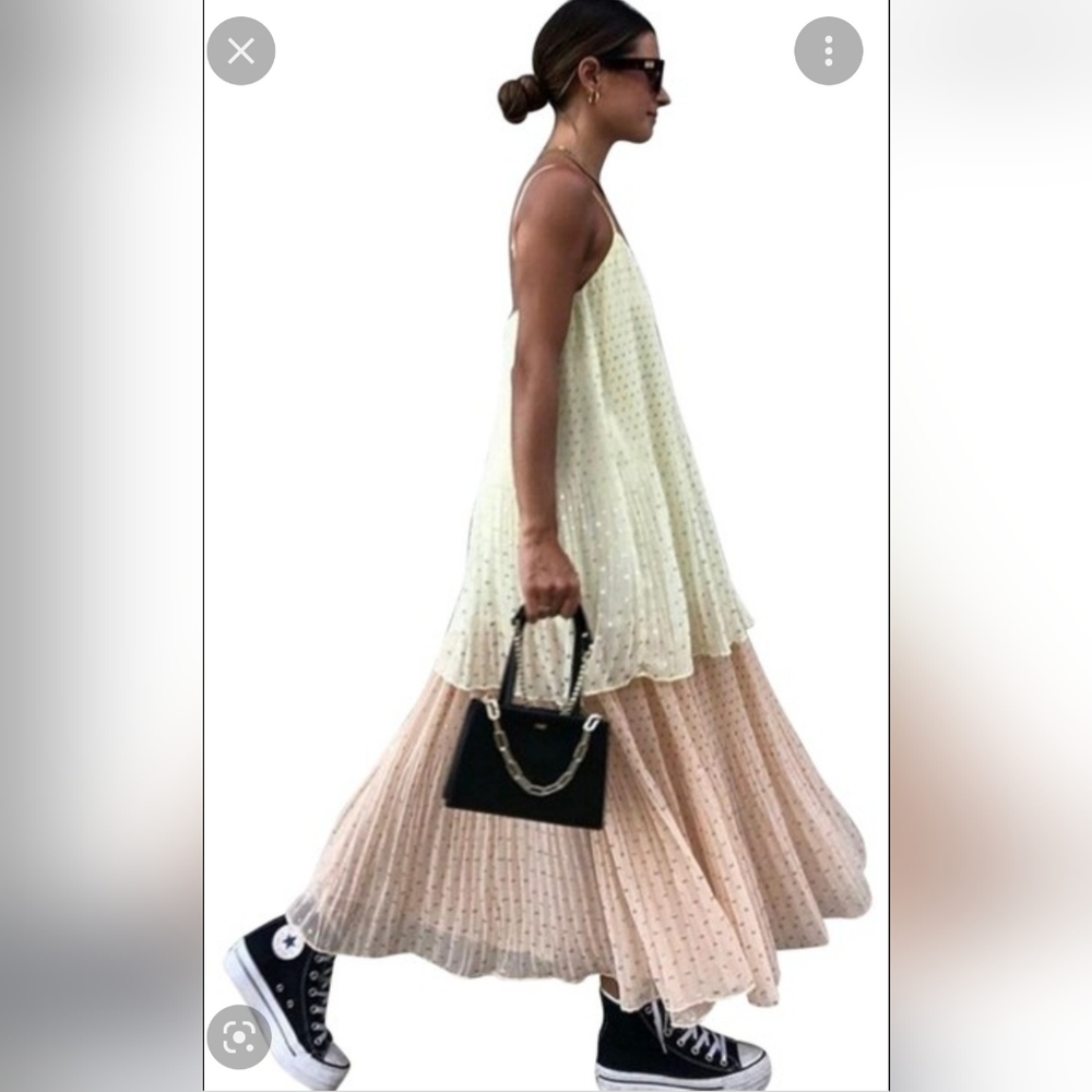 NWOT Zara Yellow Pink Chiffon Tiered Spaghetti String Dress. Small.